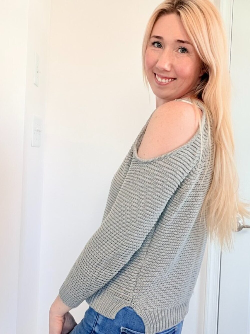 Off Shoulder Chunky Knit Sweater Gray Small Cozy Slouchy